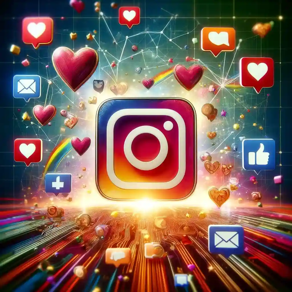 Representação artística do logo do Instagram cercado por ícones de interações sociais como corações, balões de comentário, setas de compartilhamento e envelopes de mensagem direta, em um fundo colorido de linhas de rede digital, destacando a conectividade e os processos algorítmicos das Curtidas no Instagram.