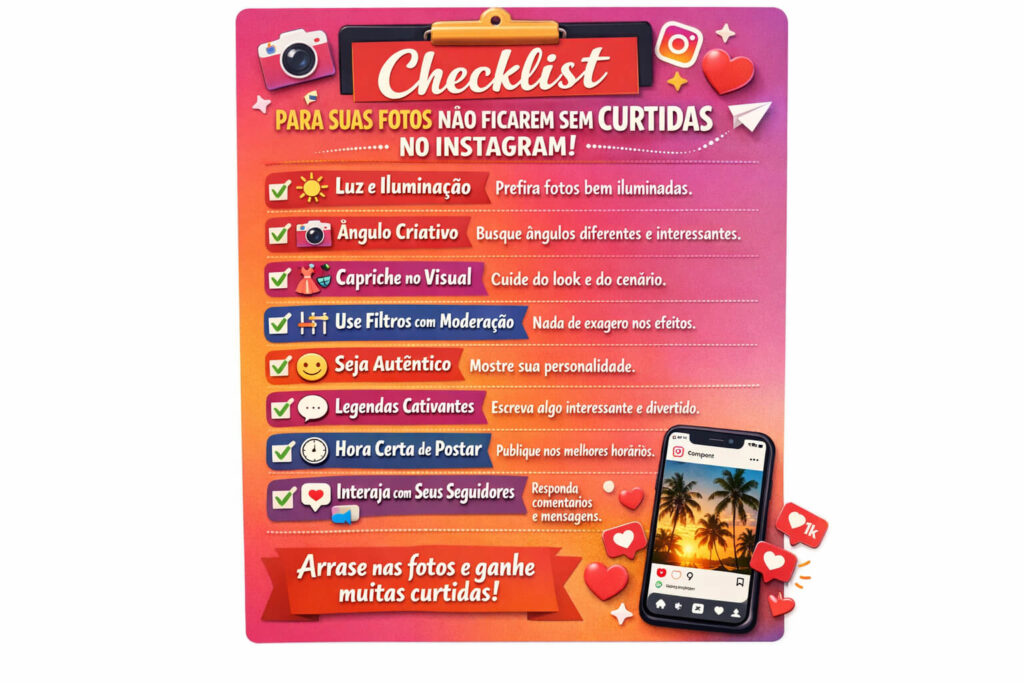 Checklist com dicas para suas fotos do Instagram não ficarem sem curtidas