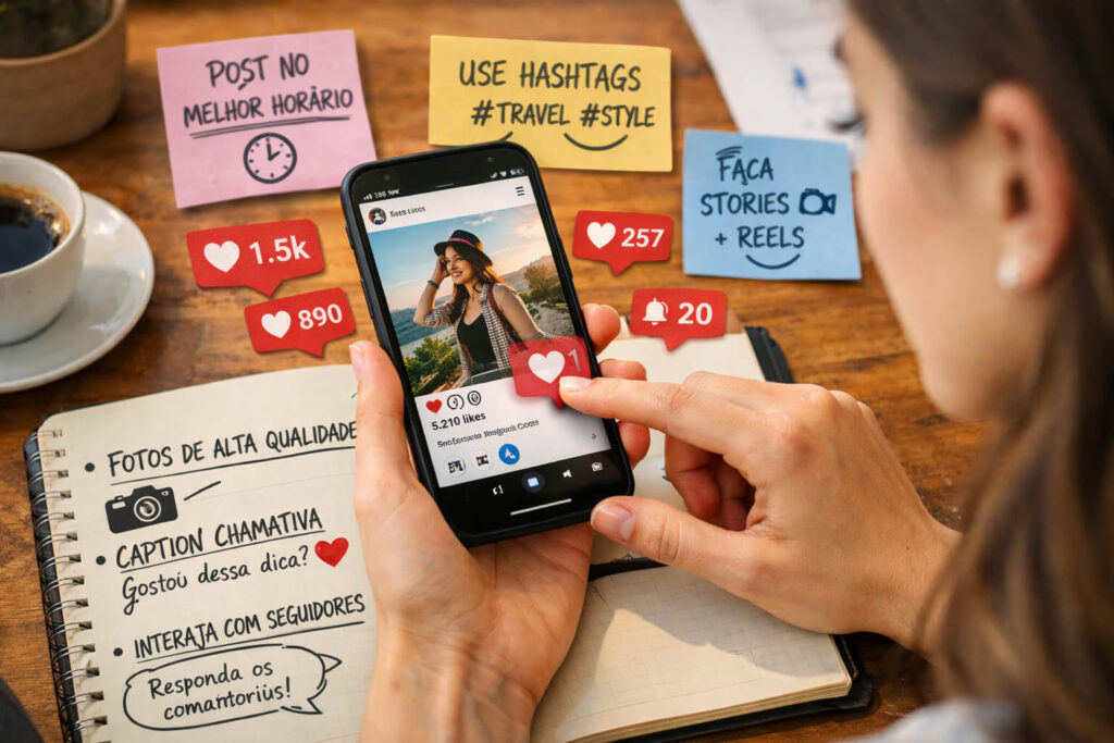 Pessoa usando celular aplicando estratégias para fotos do Instagram terem mais curtidas