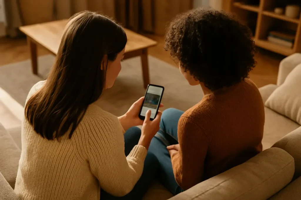Amigos compartilhando vídeos curtos no celular usando funções de mensagens do Instagram