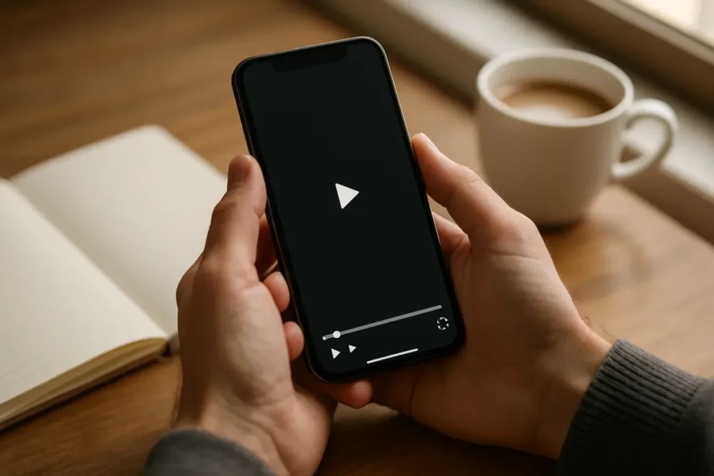 Celular na mão mostrando vídeo vertical, ilustrando Reels com poucas visualizações