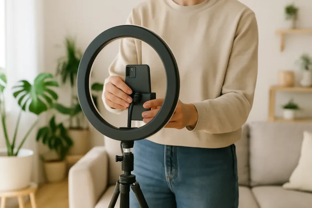 Criador de conteúdo preparando gravação de vídeo para aumentar o engajamento no Instagram