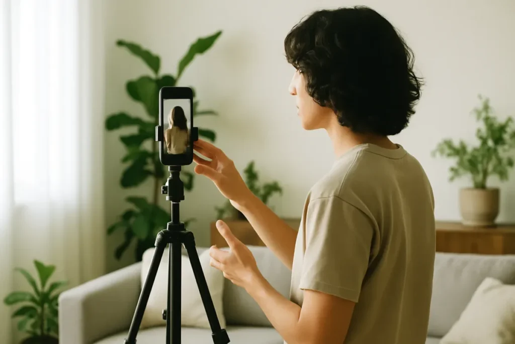 Criador gravando reels em casa como parte da estratégia de crescimento no Instagram