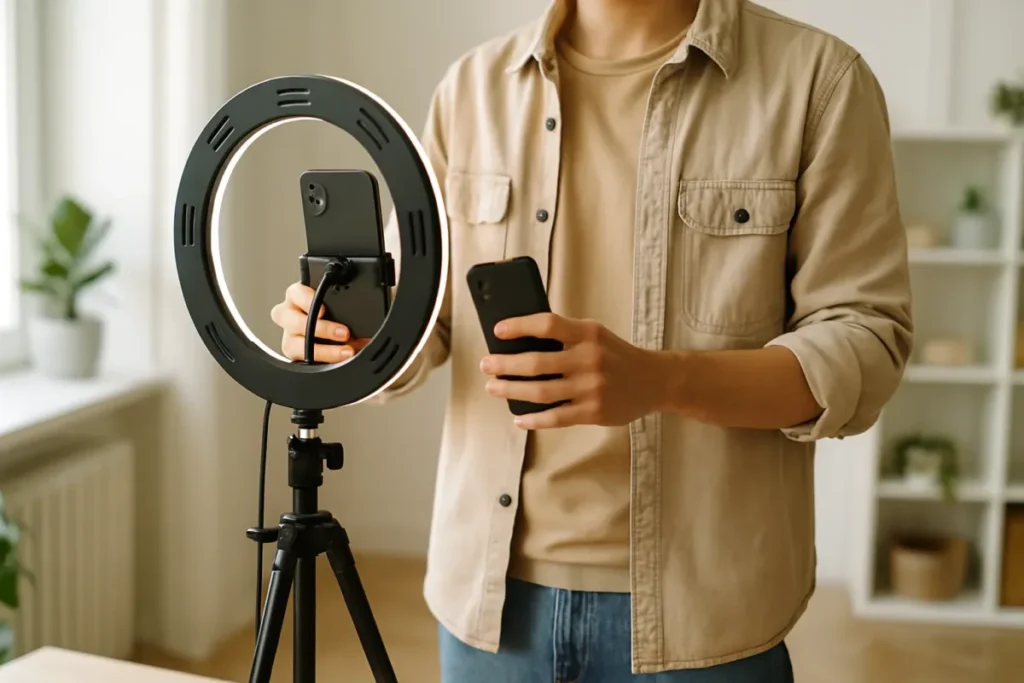 Criador gravando vídeo vertical com ring light para aumentar visualizações