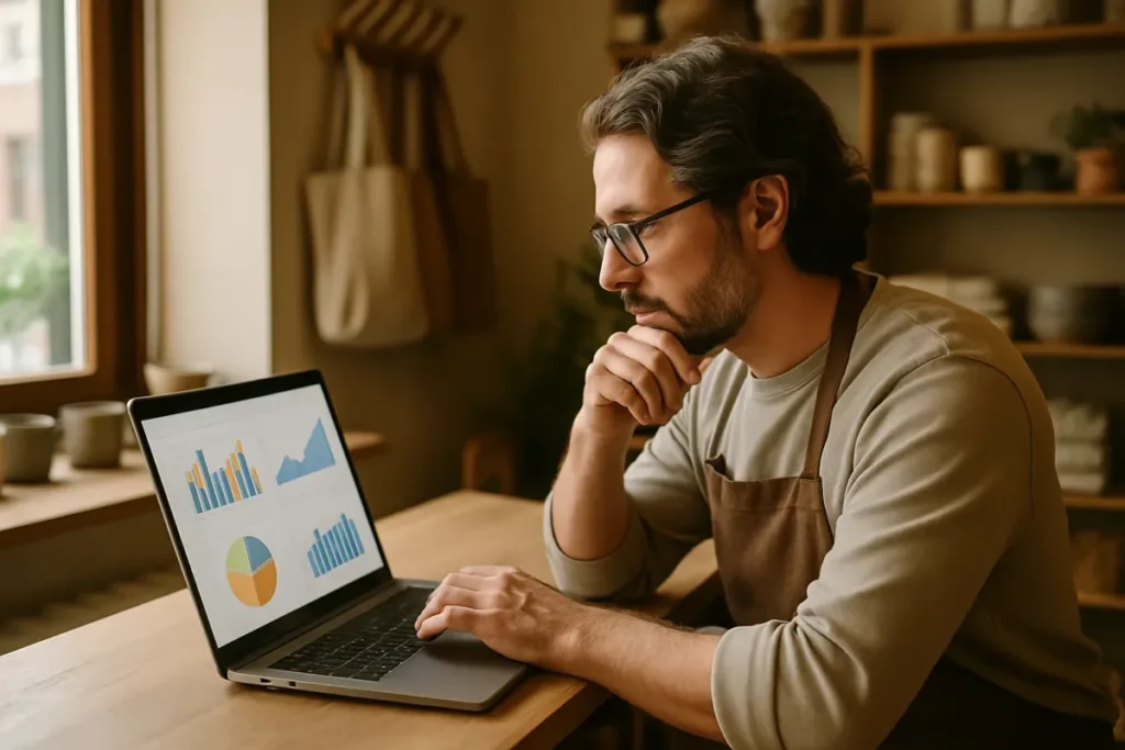 Empreendedor analisando métricas no notebook antes de contratar serviço de engajamento