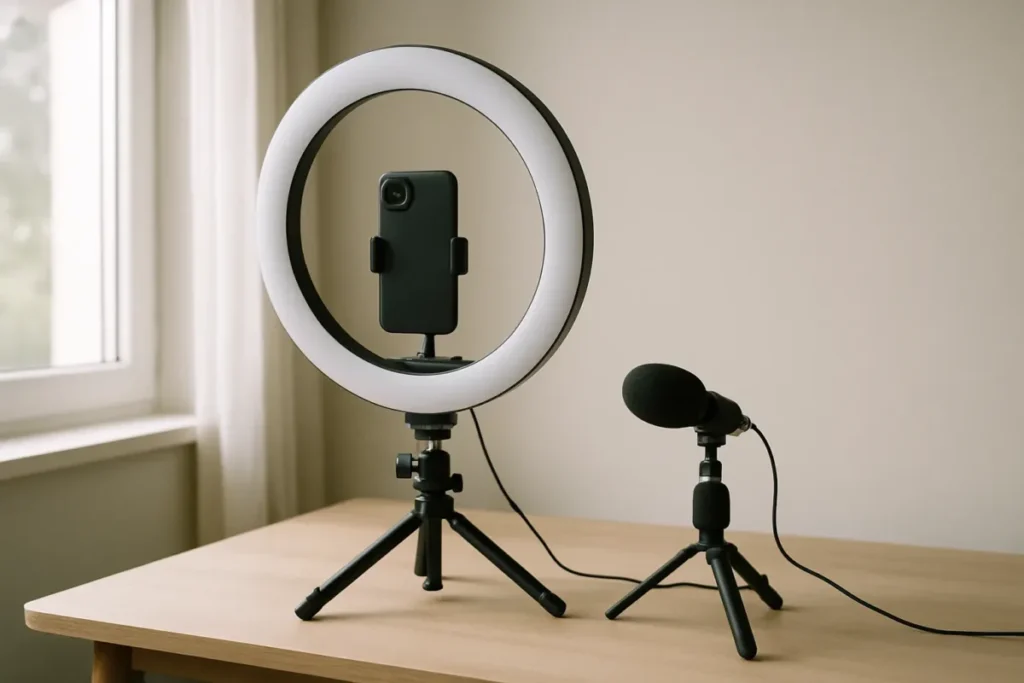 Estúdio caseiro com tripé e iluminação para gravar Reels e aumentar visualizações