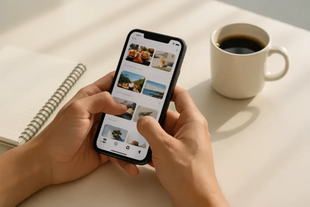 Mãos segurando celular ao revisar comentários falsos e perfis fake no Instagram
