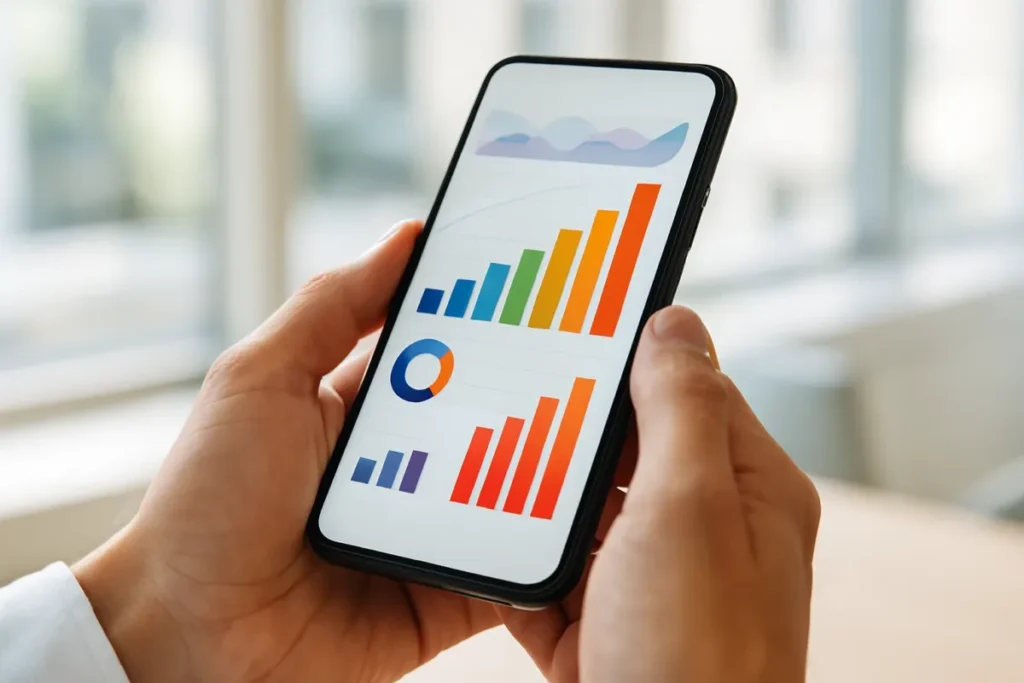 Mãos segurando celular com gráficos de crescimento de engajamento e seguidores reais