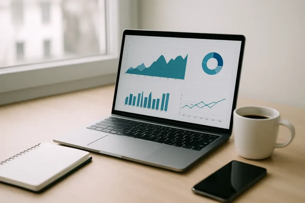Mesa com laptop e gráficos de métricas representando análise de engajamento no Instagram