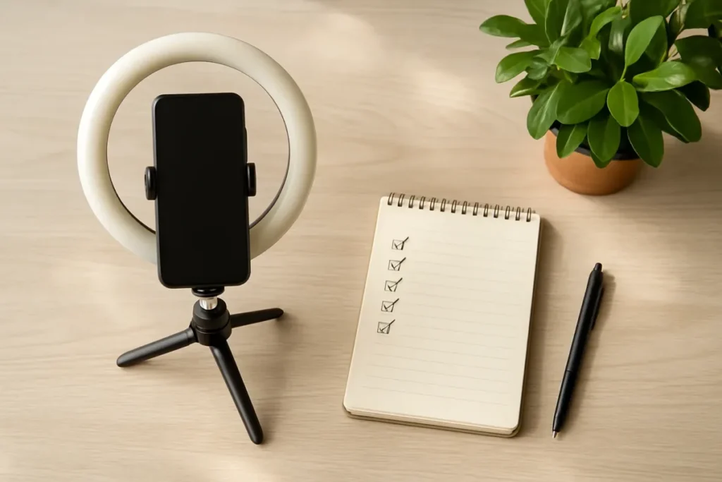 Mesa de trabalho com celular e checklist para planejar publicações no Instagram