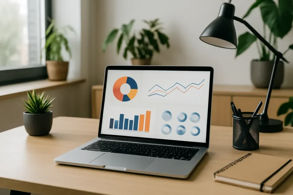 Notebook com painel de métricas de engajamento para monitorar spam de IA no Instagram