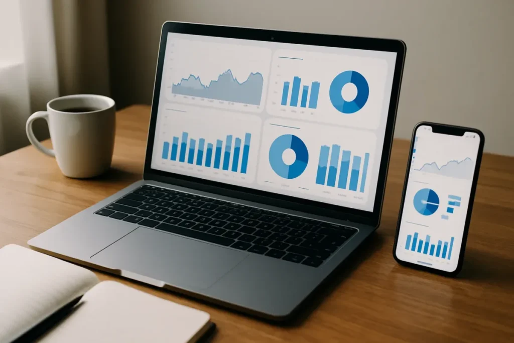Painéis de métricas em notebook e celular para acompanhar visualizações e engajamento
