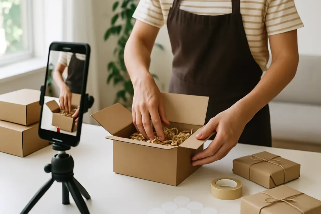 Pequeno negócio gravando vídeo curto para campanha com compra de visualizações
