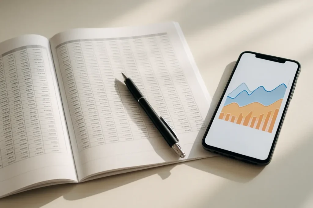 Planilha e celular com gráfico de métricas para acompanhar visualizações dos Reels