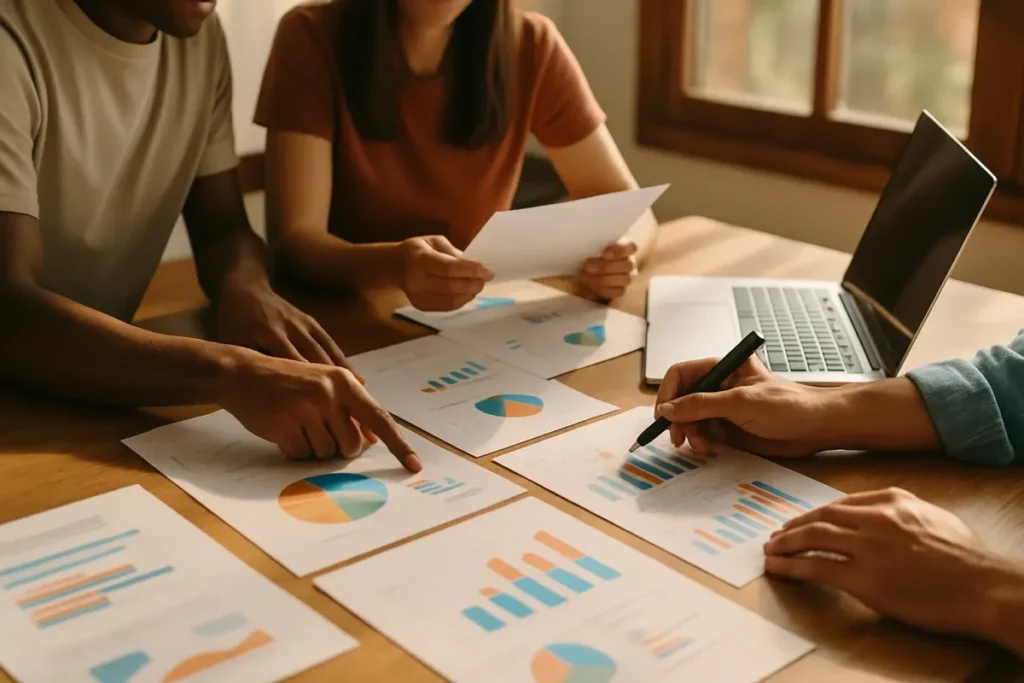 Equipe de marketing discutindo estratégia baseada em dados de redes sociais