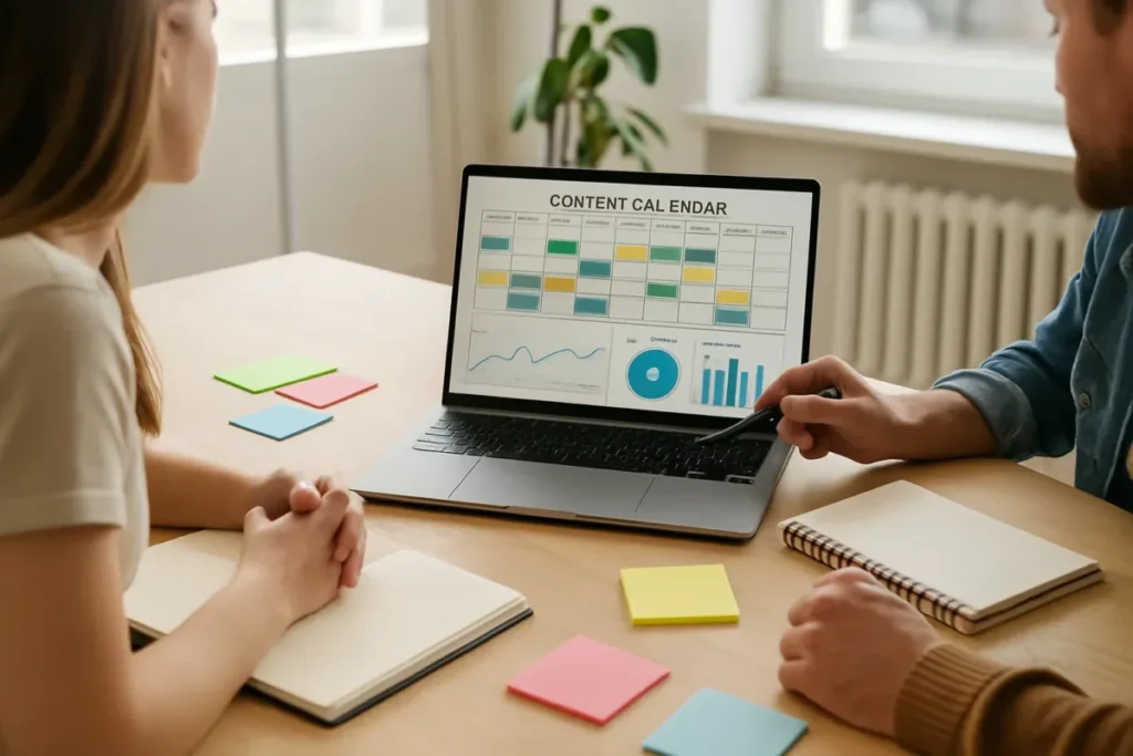 Equipe planejando calendário de conteúdo para redes sociais