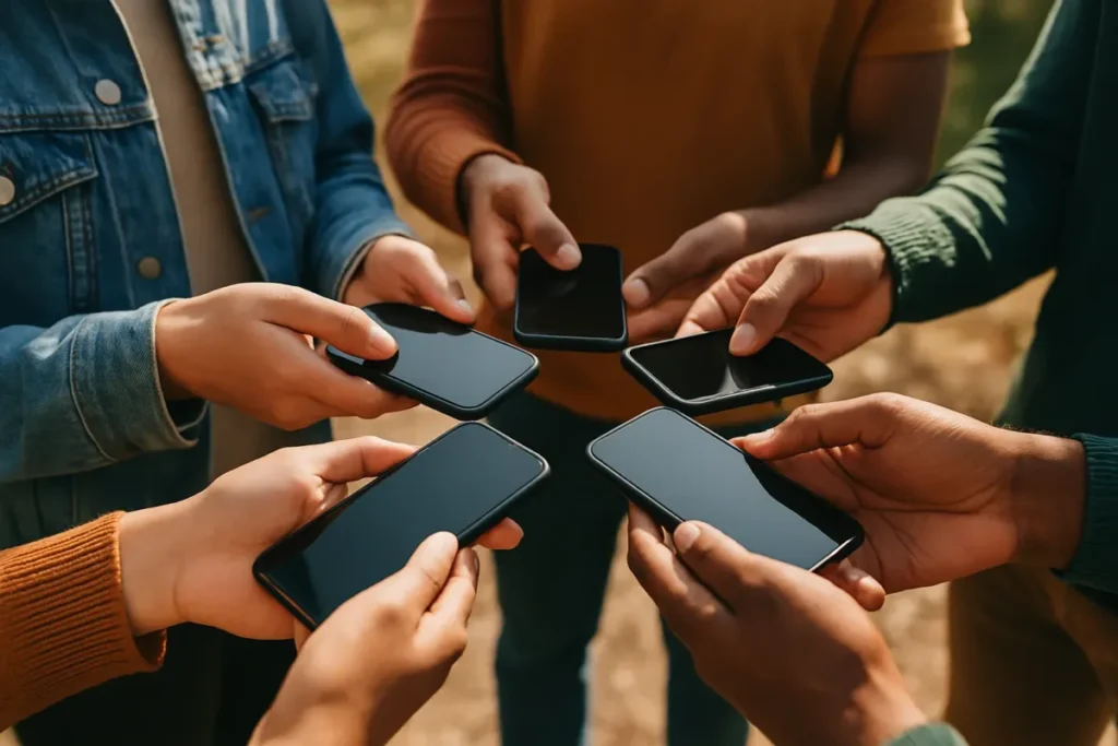 Grupo de pessoas usando smartphones em comunidade digital