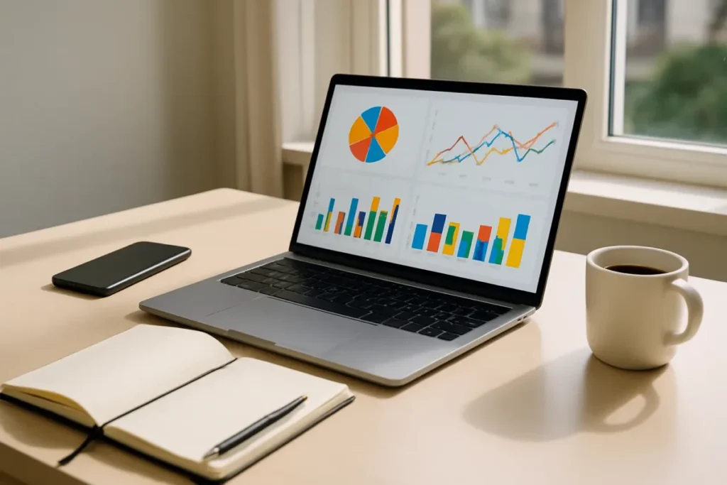 Mesa de trabalho com gráficos de estatísticas para analisar o melhor horário para postar