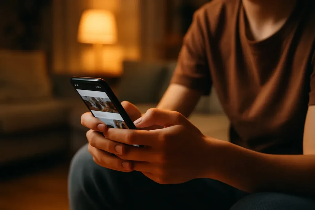 Pessoa usando o celular à noite representando o horário de pico do algoritmo do Instagram