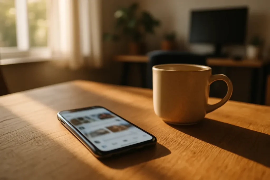 Smartphone com aplicativo de rede social aberto sobre uma mesa de madeira