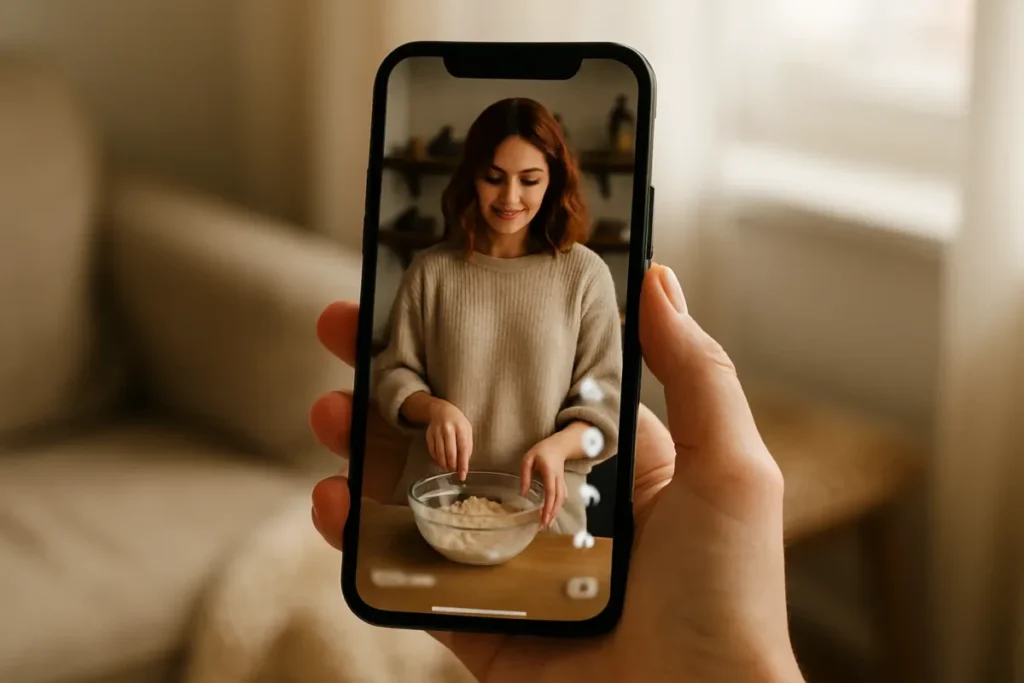 Smartphone exibindo interface de vídeos curtos com engajamento