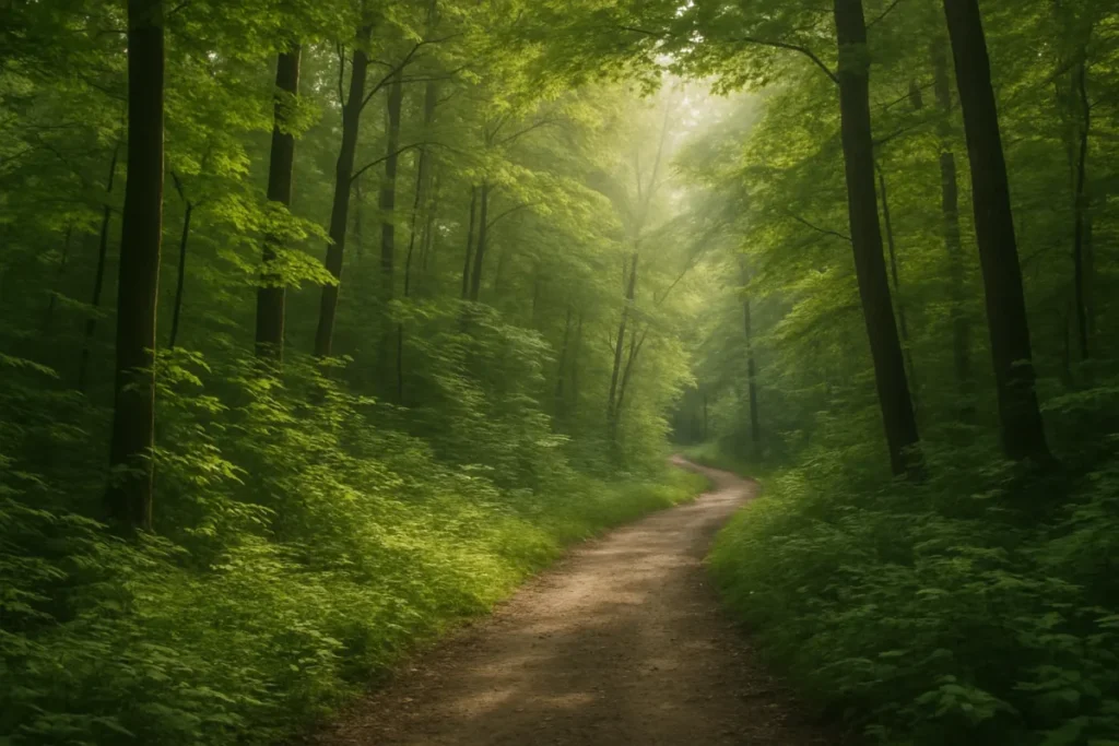 Trilha na floresta representando legendas de natureza em uma palavra