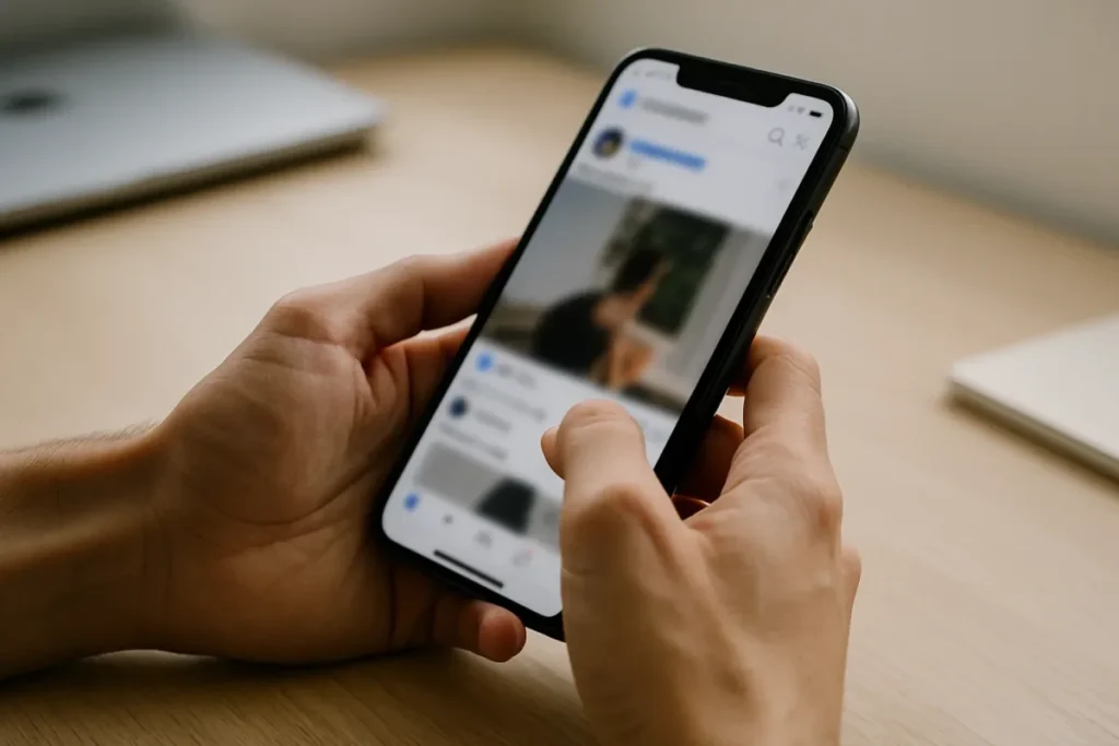 Mãos segurando celular mostrando configurações do feed do Instagram