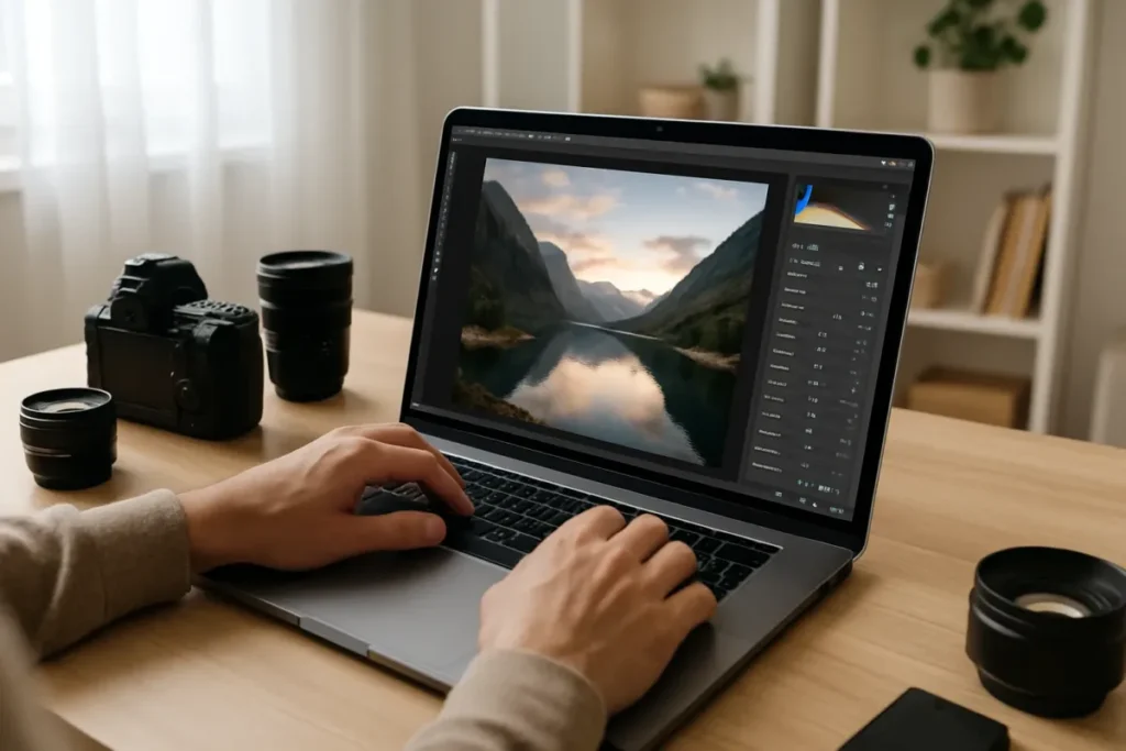 Pessoa editando foto em laptop para evitar rótulo feito com IA